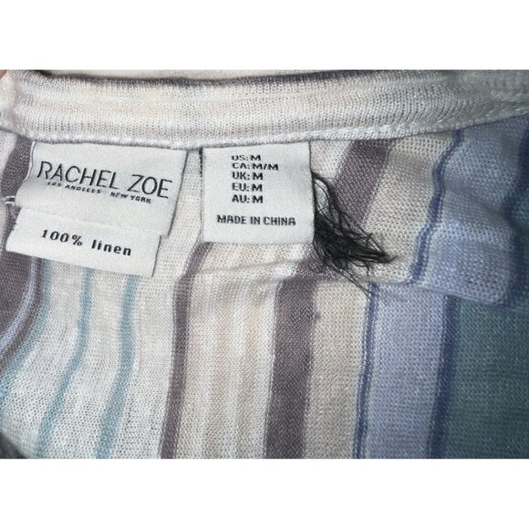 Rachel Zoe 100% Linen Striped V-Neck Button-Front Tie-Hem Top Size Medium Womens - Picture 3 of 9